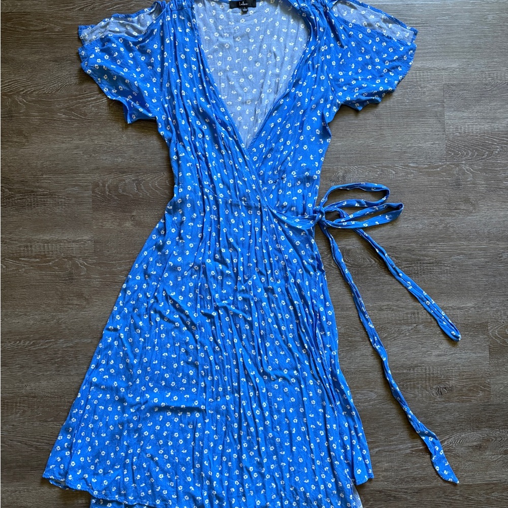 Lulu's Royal Blue Floral Wrap Midi Dress